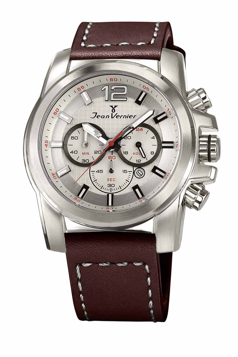 Relógio Jean Vernier Pulseira Couro Marrom Cronógrafo Masculino JV00189M