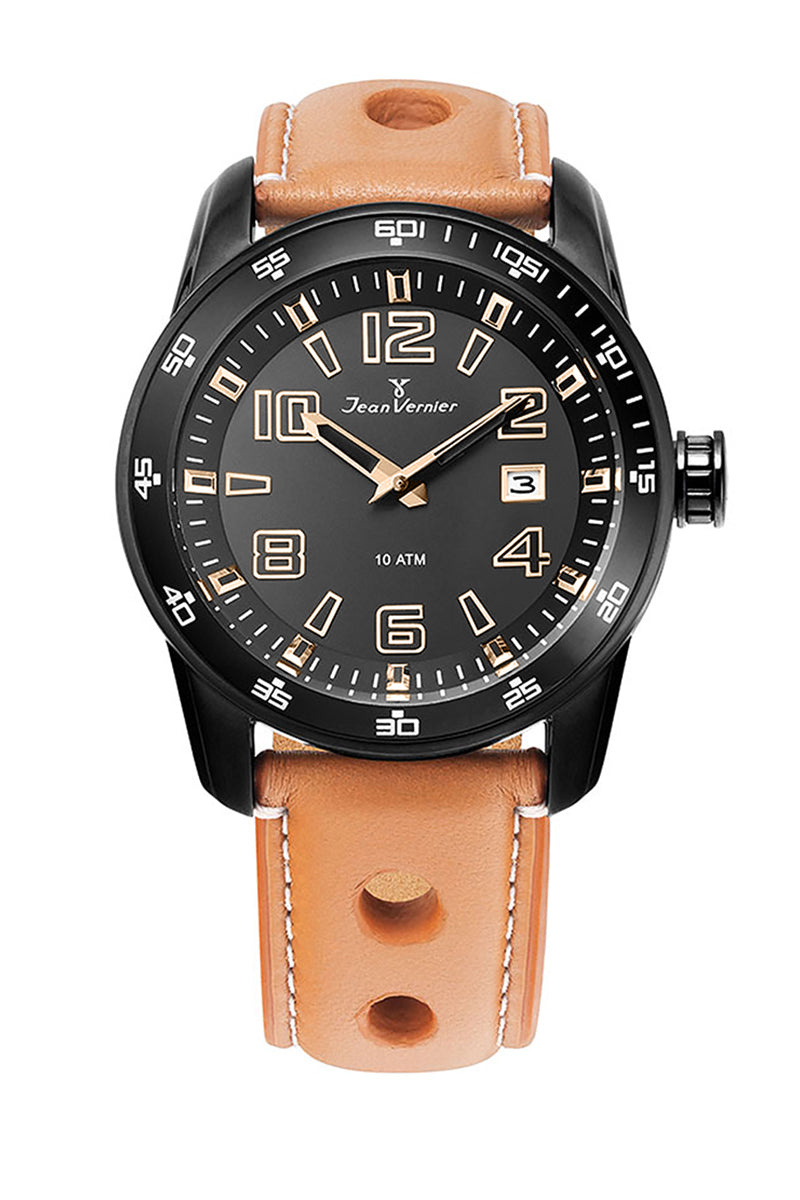 Relógio Jean Vernier Pulseira Couro Marrom Havana Calendário 10ATM JV005205