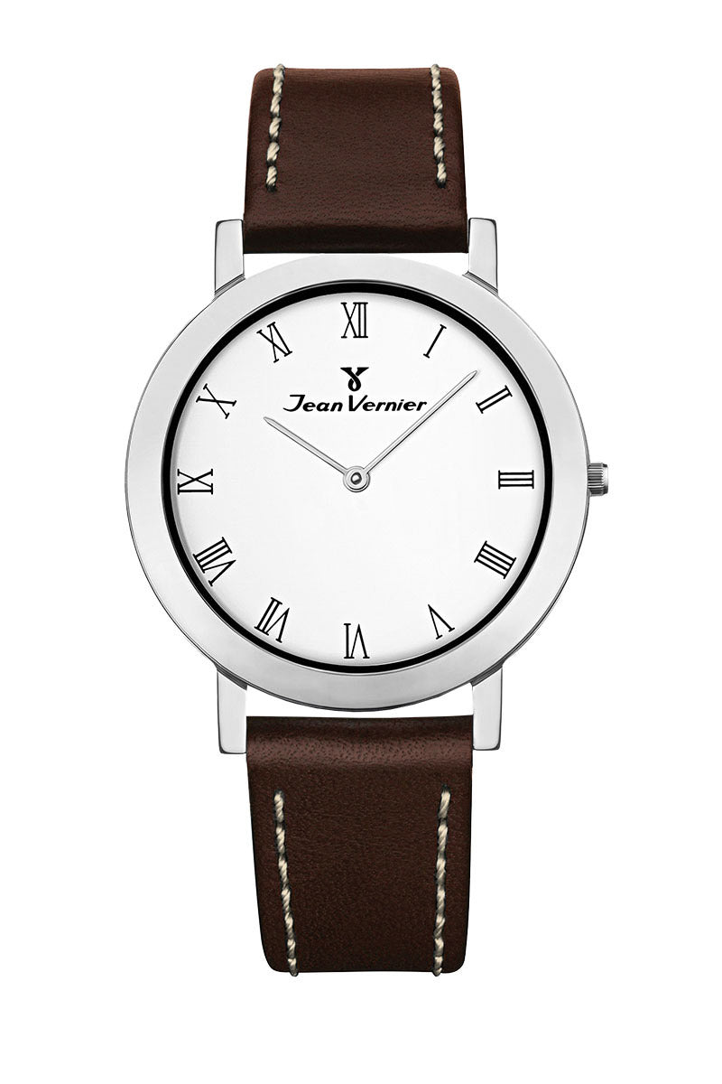 Relógio Jean Vernier Pulseira Couro Marrom Social Movimento Suíço JV00053