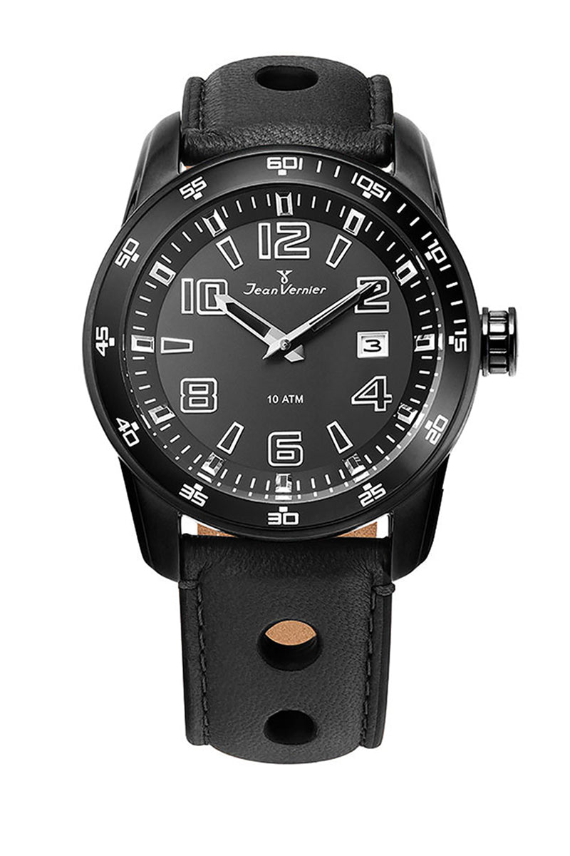 Relógio Jean Vernier Pulseira Couro Preto Calendário Masculino 10ATM  JV005217