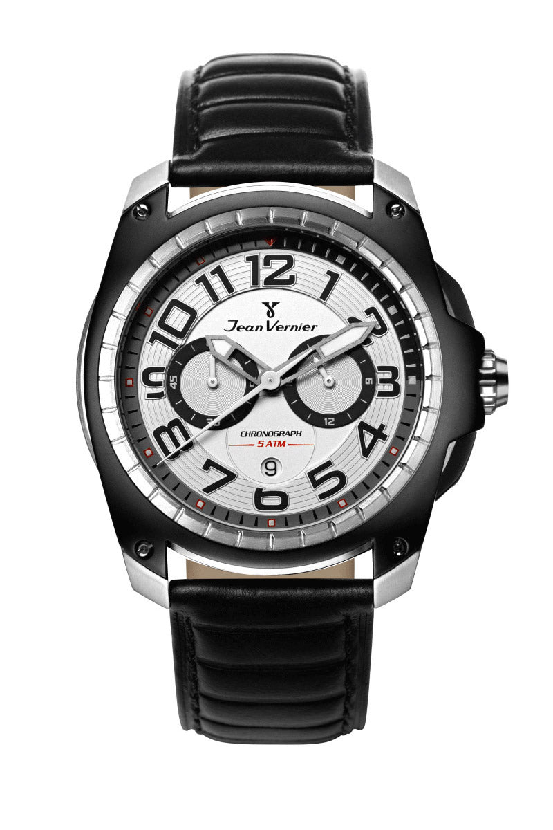 Relógio Jean Vernier Pulseira Couro Preto Cronógrafo Masculino JV00096C