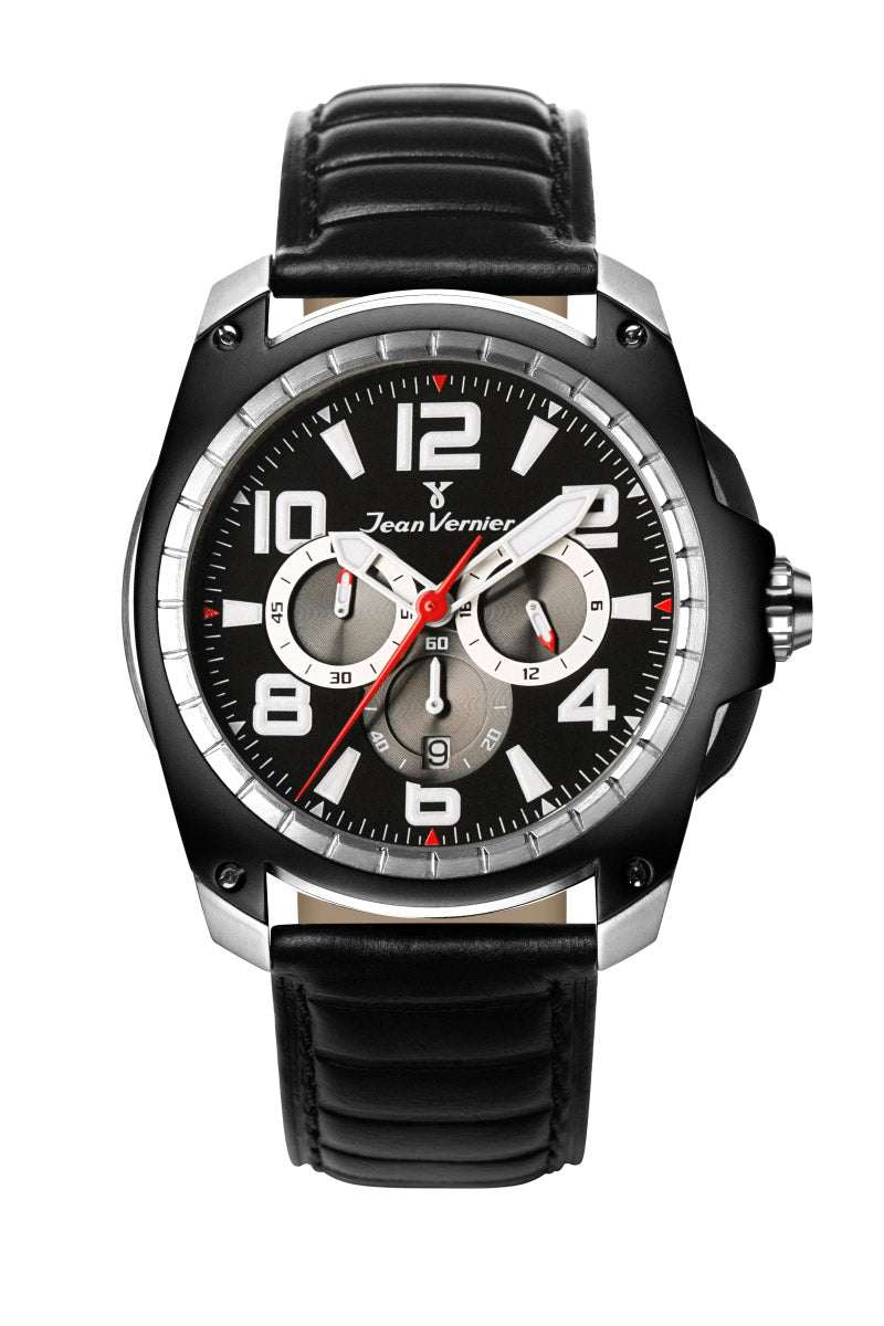 Relógio Jean Vernier Pulseira Couro Preto Cronógrafo Masculino JV00100C